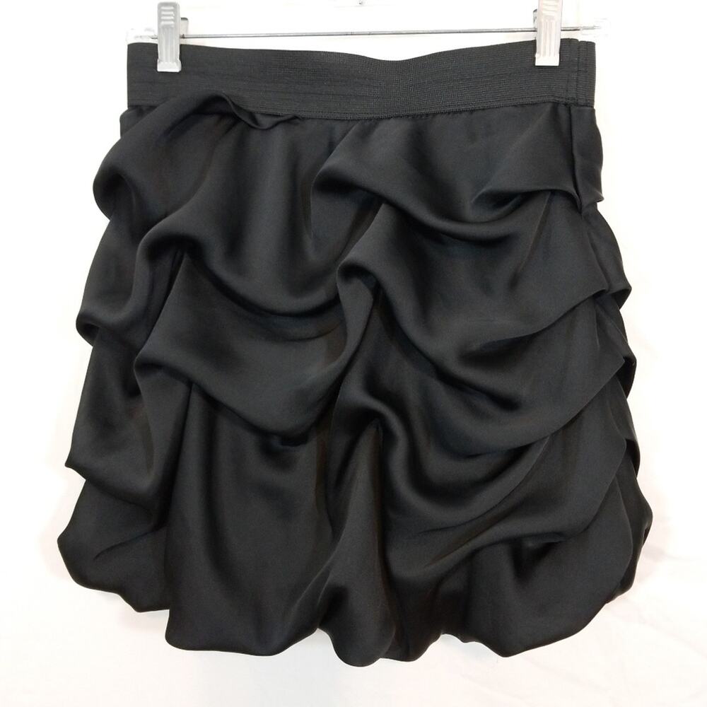 Black satiny ruched bubble hem dressy mini skirt